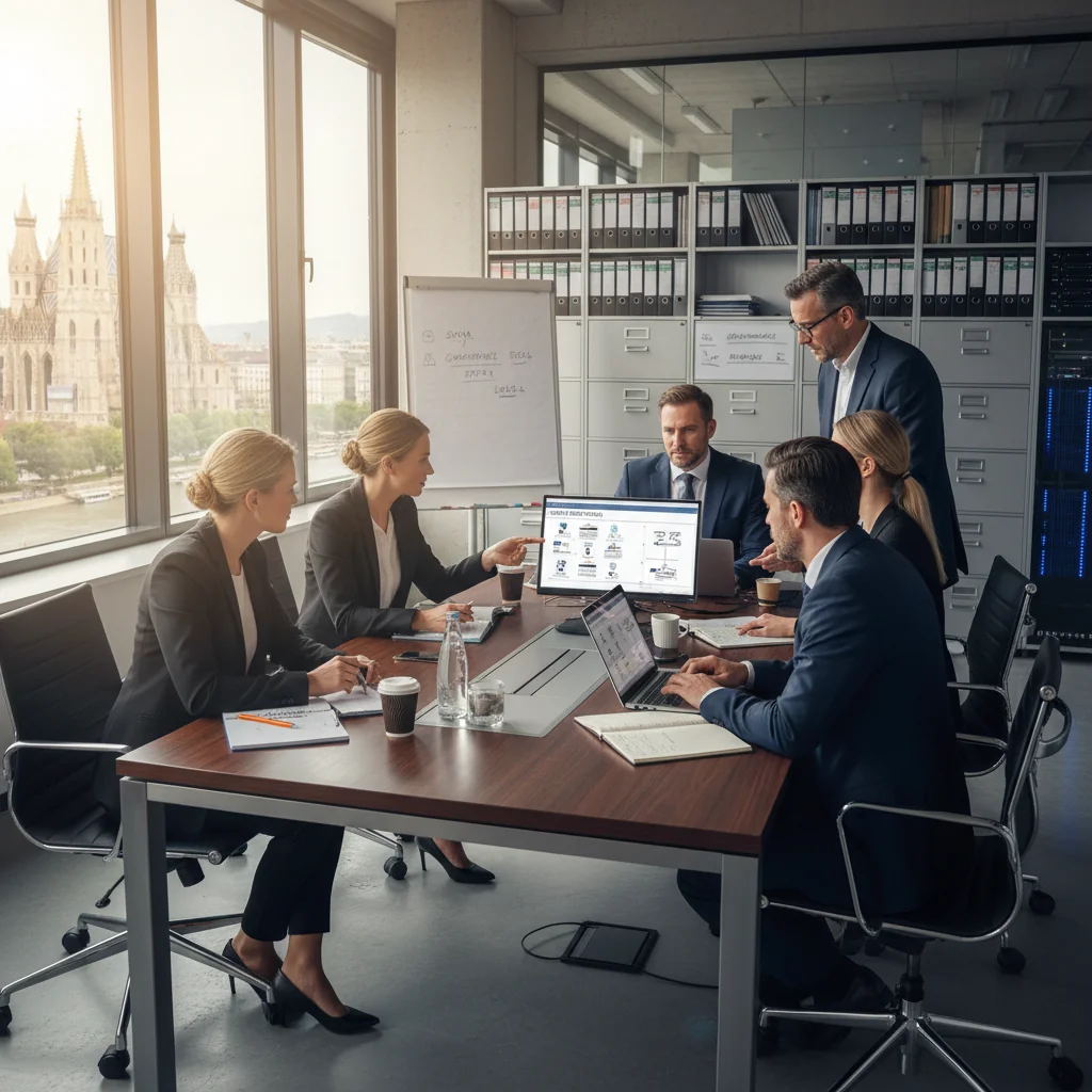 A photorealistic image of a professional business meeting in a modern Austrian office, with adults discussing data storage policies around a conference table with laptops and documents, evoking compliance and organization in corporate document management.