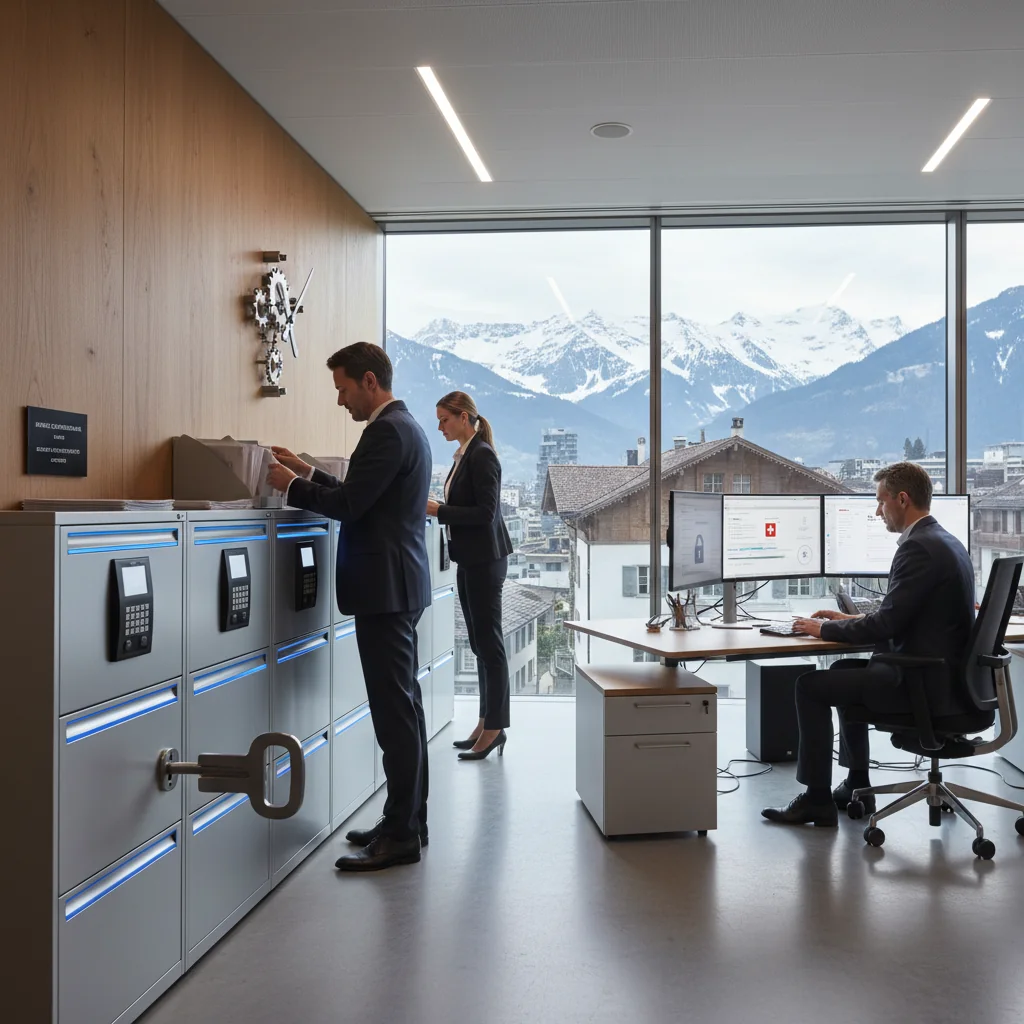 A photorealistic image of a modern Swiss corporate office in Zurich, featuring professionals in business attire reviewing secure filing cabinets and digital storage systems, with Swiss Alps visible through large windows, symbolizing data storage and retention policies for corporate documents.