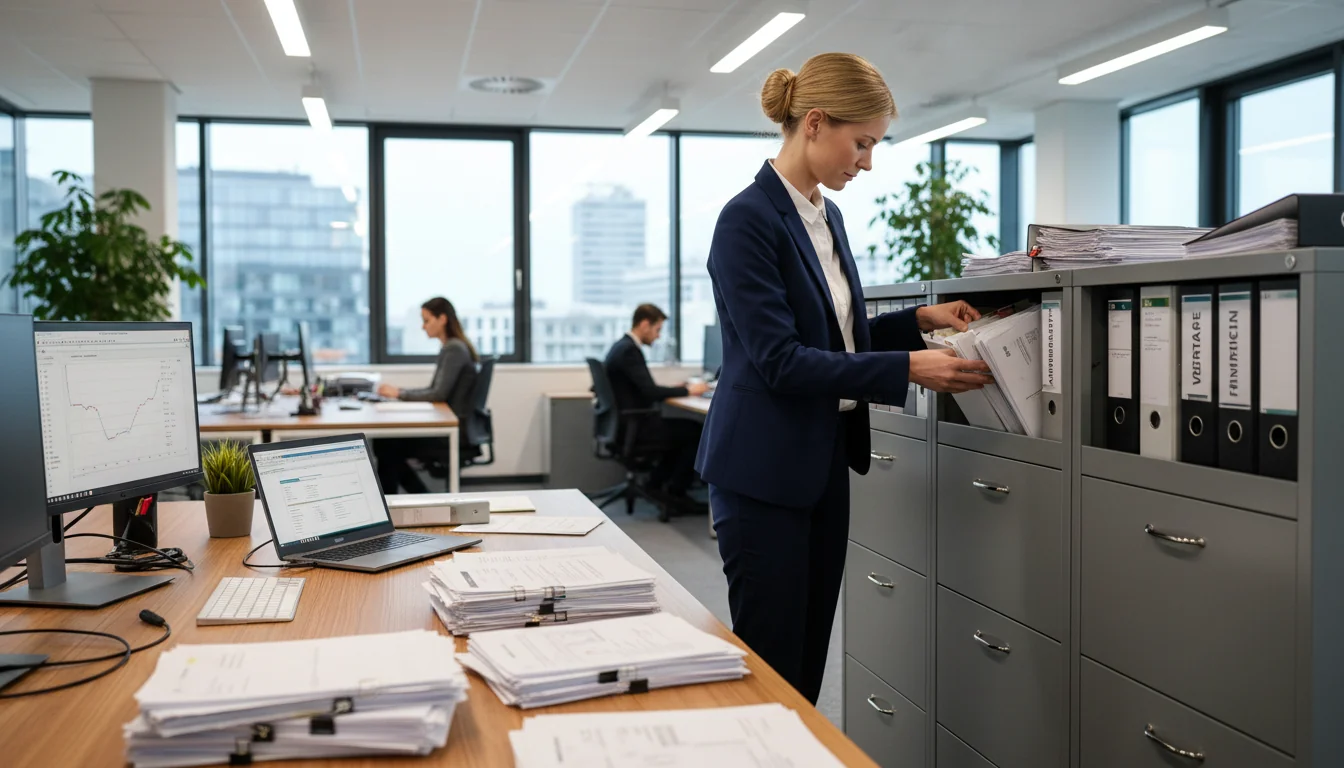 German office worker filing documents.