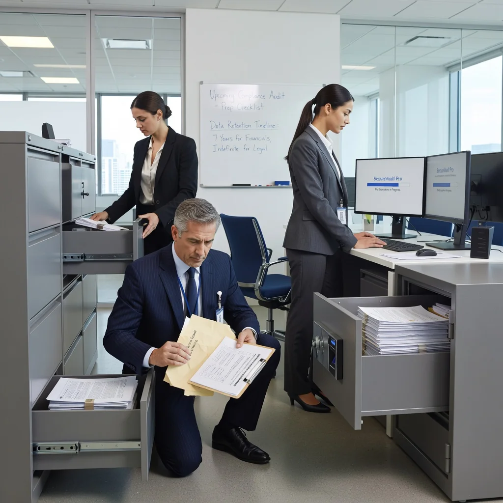A professional office environment symbolizing records retention and compliance in a corporate setting in the United States. The image features a diverse group of adult business professionals in a modern conference room, reviewing organized file cabinets and digital archives on computers, with American flags and corporate symbols in the background, conveying security, organization, and legal adherence. No children are present.