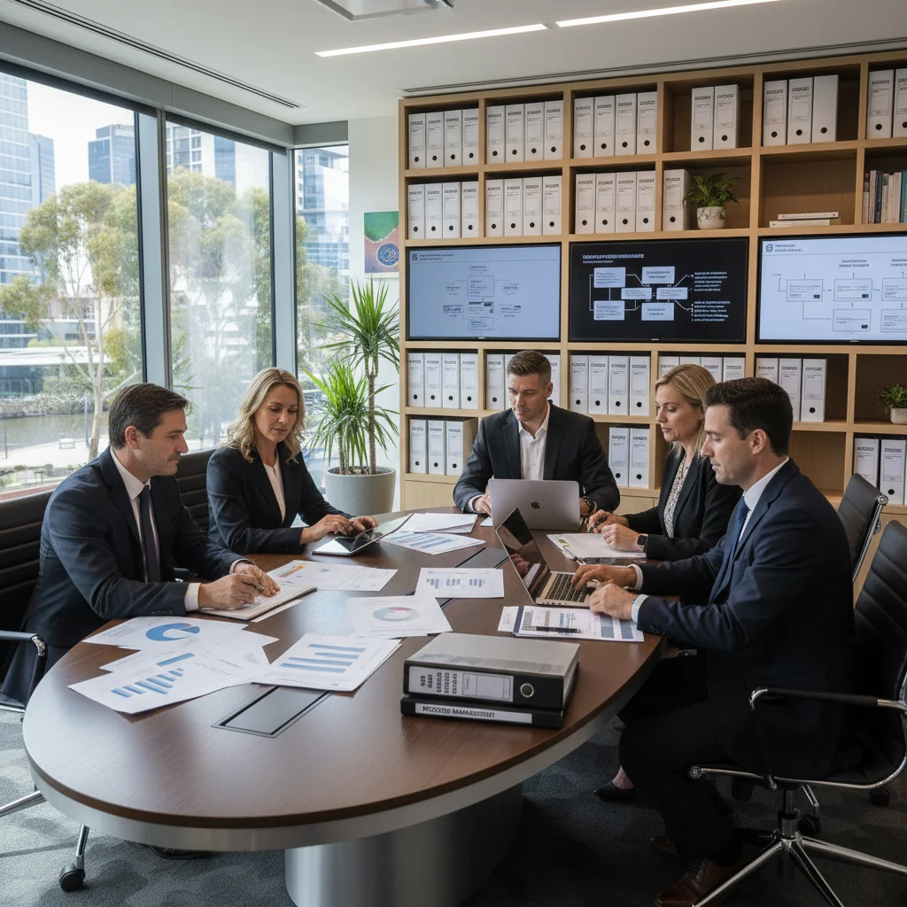 A photorealistic image of a professional business meeting in a modern Australian corporate office, with adults discussing records management, organized filing cabinets in the background, evoking themes of organization, compliance, and efficient document handling in a business context.