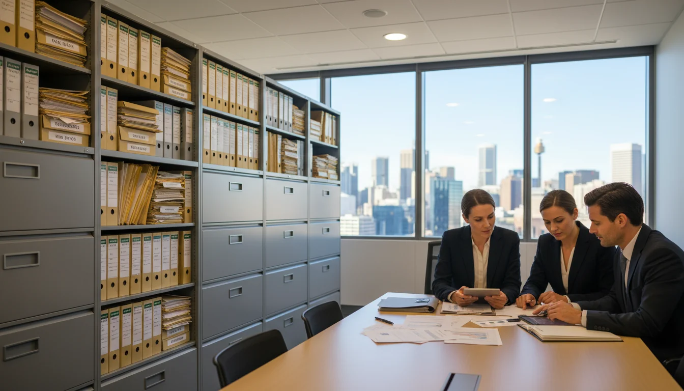 Corporate office with document filing cabinets.
