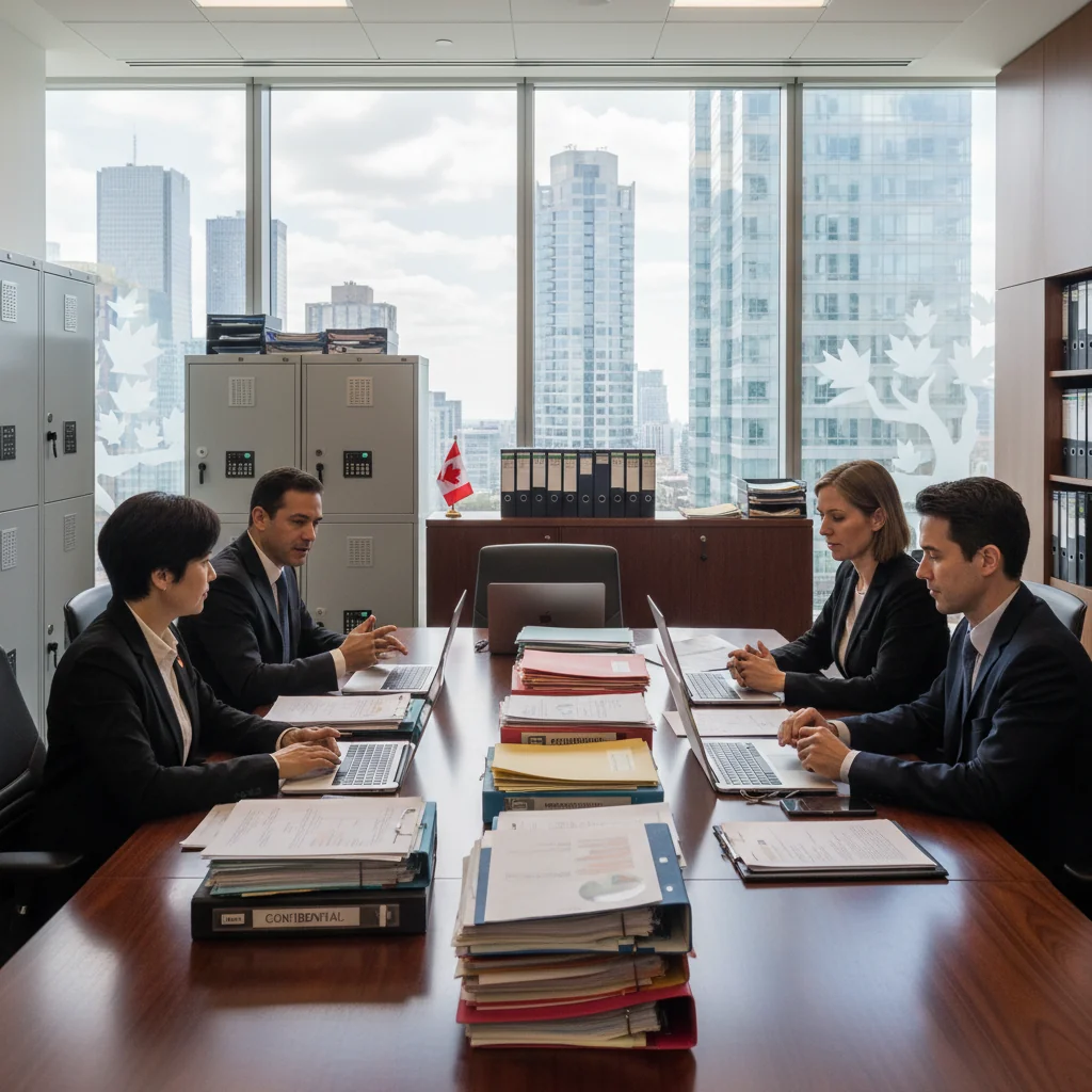 A professional corporate office setting in Canada, featuring a diverse group of adult business professionals engaged in a meeting around a conference table, discussing documents with laptops and files, symbolizing data retention and records management, with Canadian elements like a maple leaf in the background, photorealistic style.