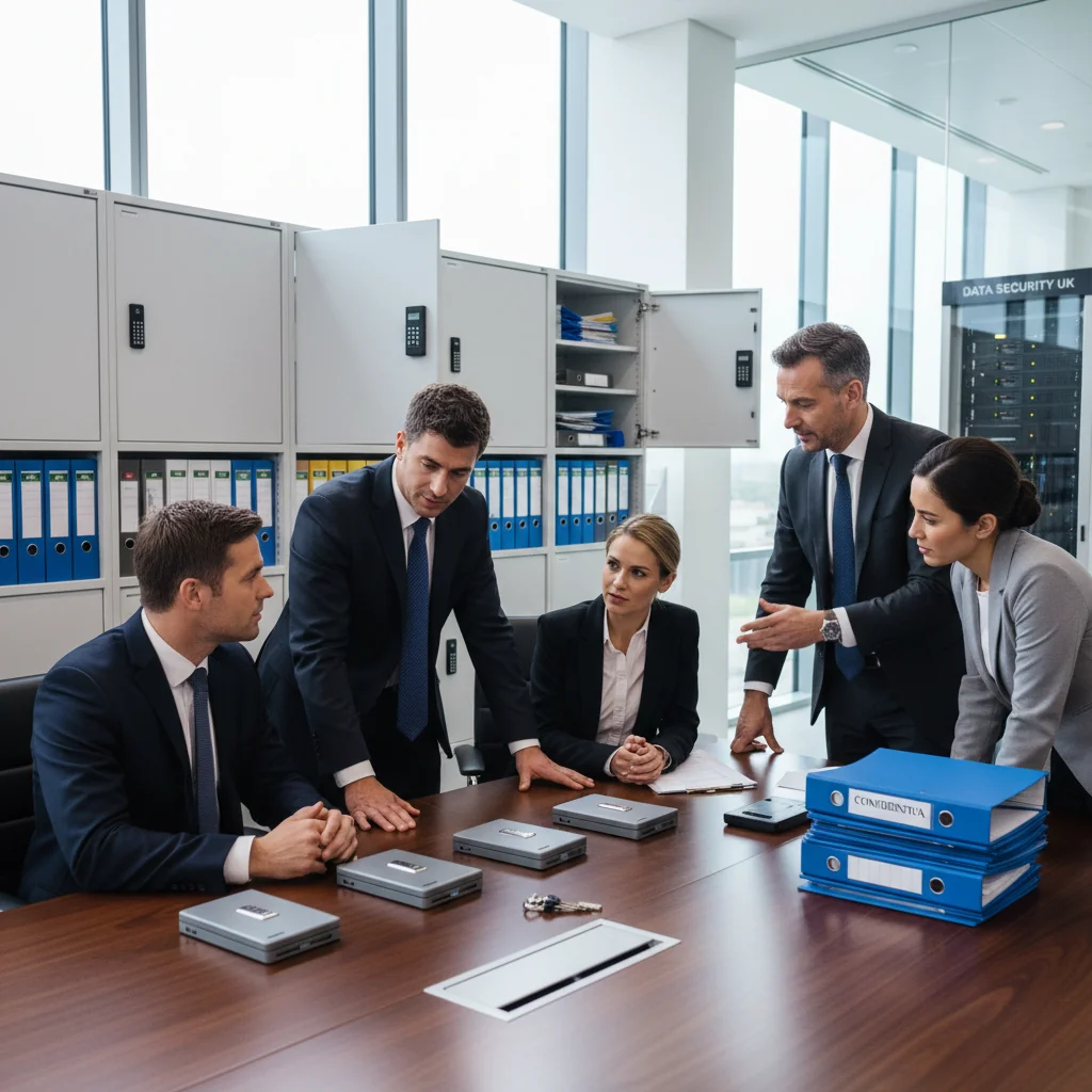 A photorealistic image depicting a professional business meeting in a modern UK corporate office, where adults are reviewing data files on secure servers and organizing records in filing cabinets, symbolizing data retention and records management policies, with no children present.
