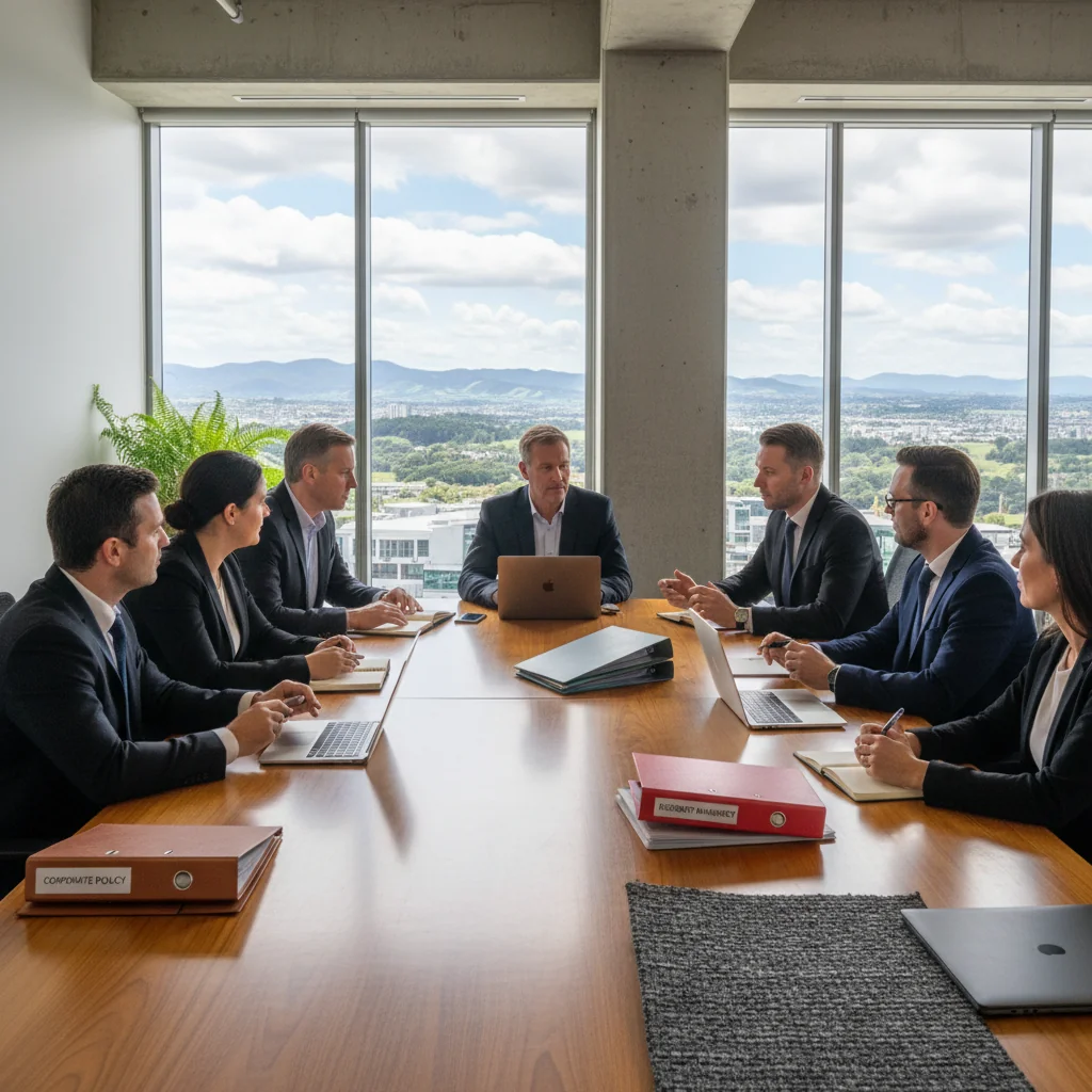 A photorealistic image of a professional business meeting in a modern New Zealand office, with diverse adults discussing records management strategies around a conference table, symbolizing organization and policy compliance in corporate document handling. No children are present.