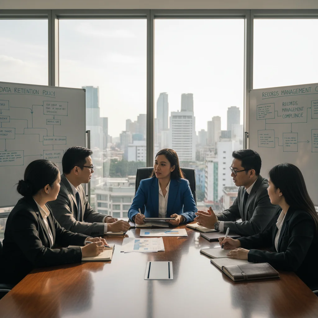 A photorealistic image of a professional business meeting in a modern Philippine corporate office, with diverse adult Filipino professionals discussing data management strategies around a conference table, symbolizing records retention and policy compliance, no children present.