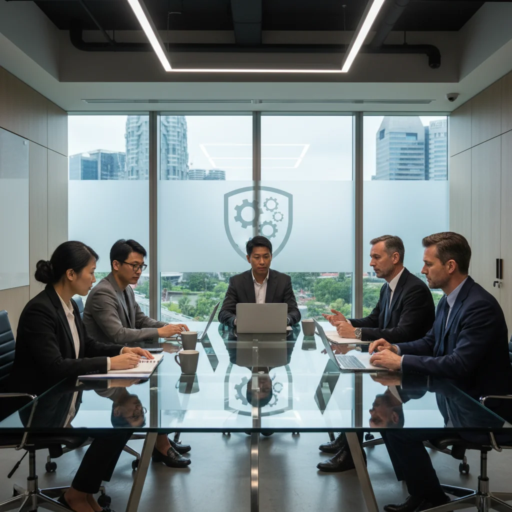 A photorealistic image of a professional business meeting in a modern Singapore office, where adults are discussing data retention strategies around a conference table with laptops and files, symbolizing records management policy without showing any documents directly.