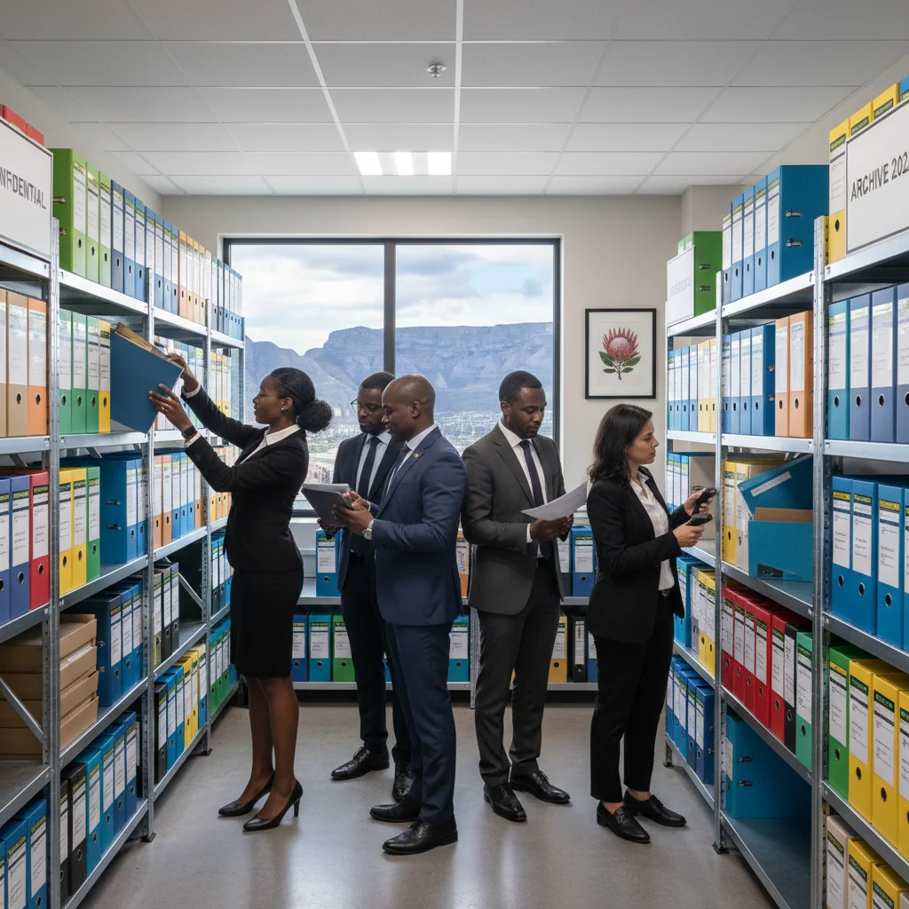 A professional corporate office scene in South Africa, featuring diverse adult business professionals organizing and managing files in a modern filing room, symbolizing records retention and management, with South African elements like a flag or local skyline in the background, photorealistic style, no children present.