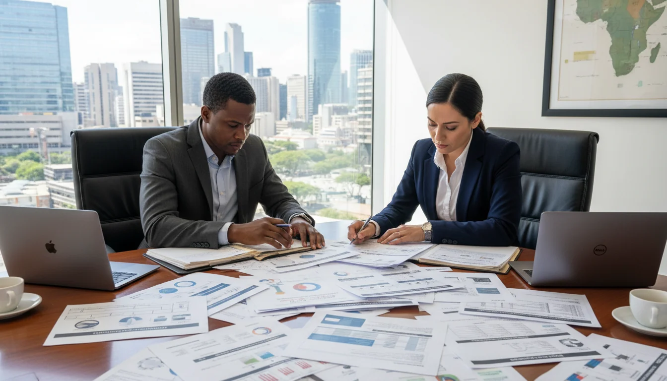 Business professionals reviewing policies.