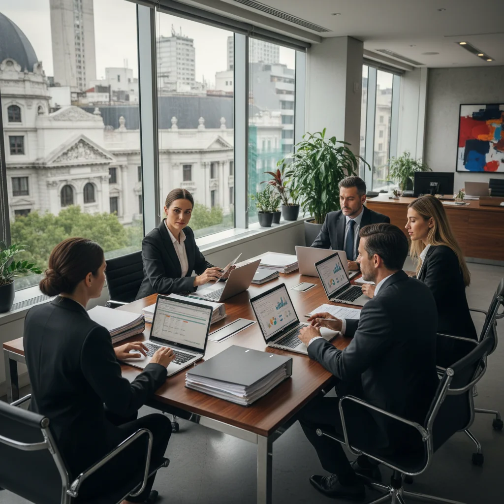 A professional corporate office setting in Argentina, featuring a diverse group of adult business professionals in a modern conference room, reviewing data retention policies on a large digital screen, with subtle Argentine flags or landmarks in the background to evoke compliance and management of corporate records.