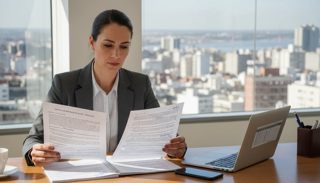 Businesswoman reviewing data policy.
