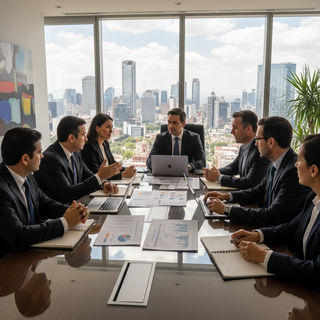 A photorealistic image of a professional business meeting in a modern Mexican corporate office, with diverse adult executives discussing data retention policies around a conference table, evoking themes of compliance, record management, and legal governance in a business context. No children or graphical elements present.