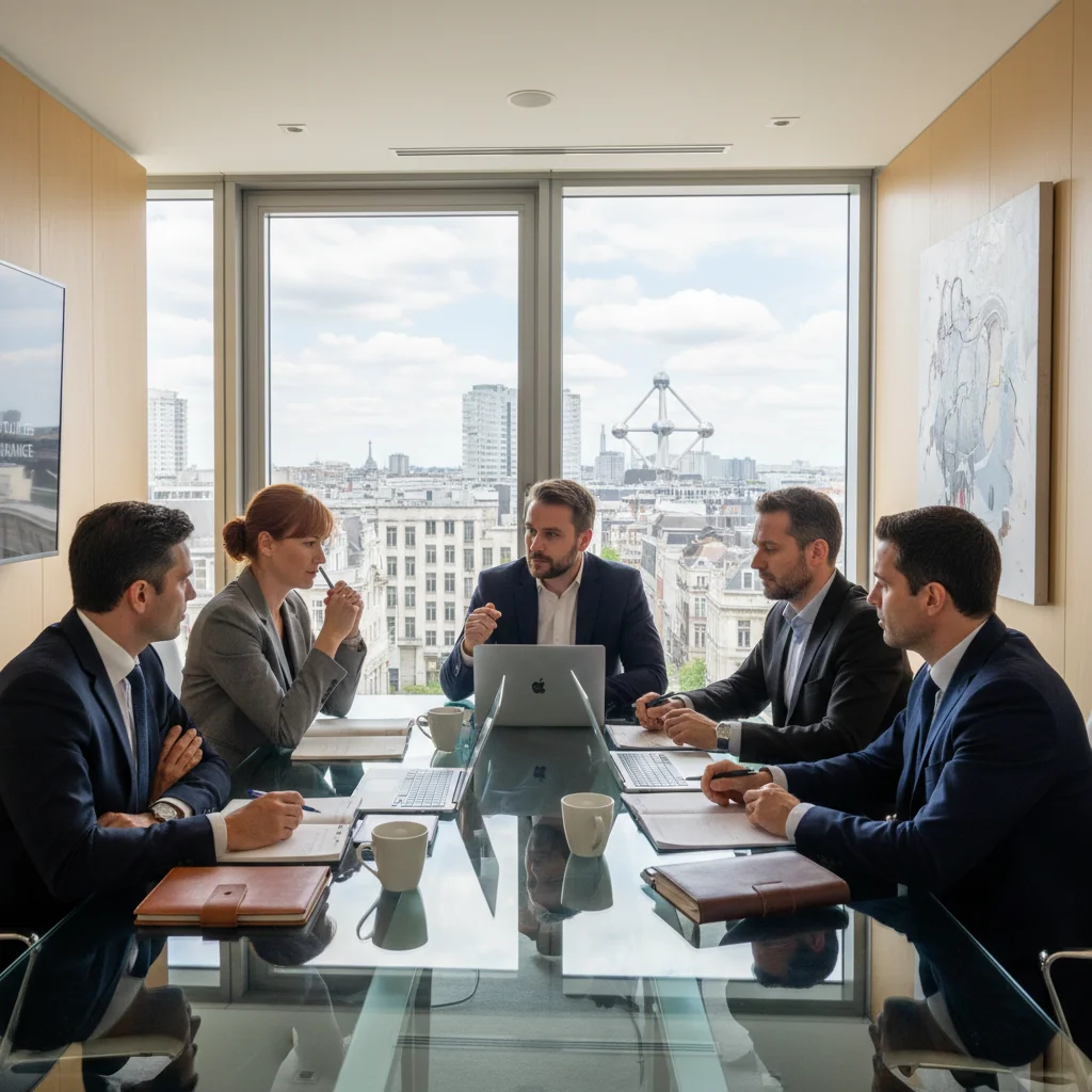 A photorealistic image of a professional business meeting in a modern Belgian corporate office, with adults discussing data management and archiving strategies around a conference table, evoking themes of data conservation policies without showing any documents.