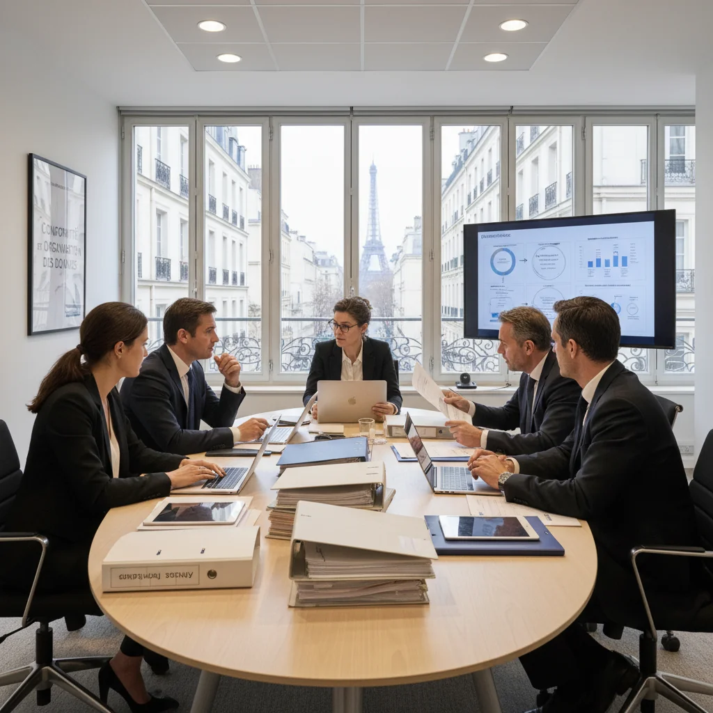 A photorealistic image of a professional business meeting in a modern French corporate office, with adults discussing data management and archiving policies around a conference table, symbolizing retention and organization of corporate documents in France, no children present.