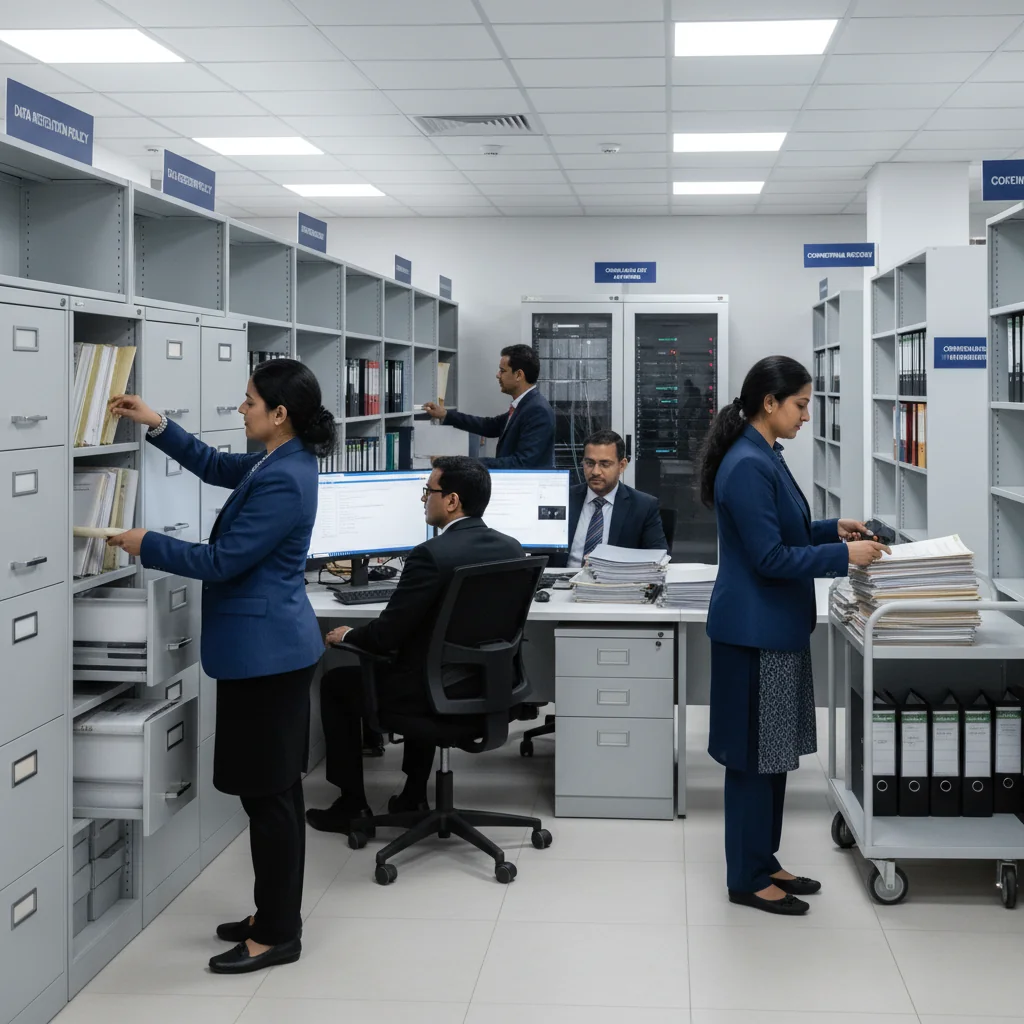 A photorealistic image of a professional office setting in India, featuring diverse adult Indian business professionals in a modern conference room, organizing and archiving files on shelves and digital screens, symbolizing data retention and document management policies, with no children present.