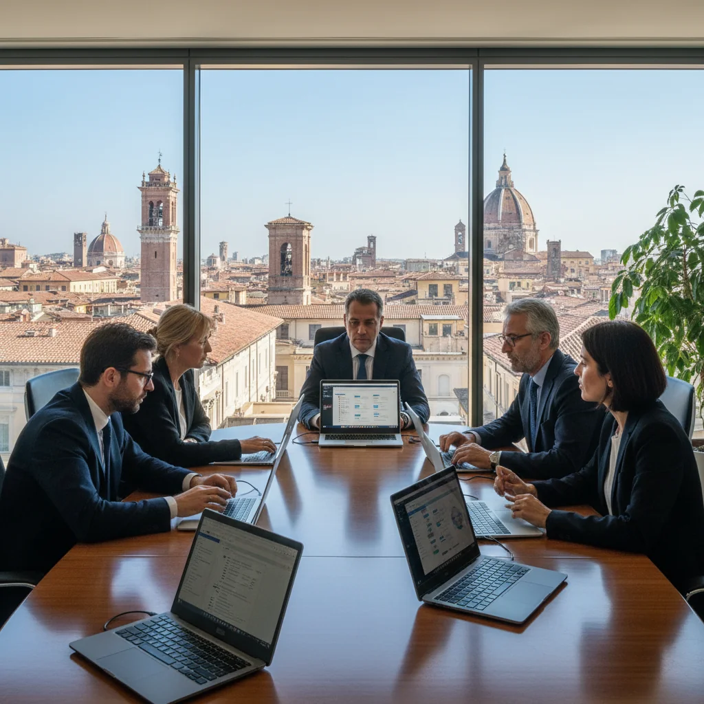 A photorealistic image of a professional business meeting in a modern Italian corporate office, where executives are discussing data management strategies around a conference table with laptops and charts, symbolizing data retention policies and corporate document handling in Italy. The atmosphere is focused and collaborative, with Italian architectural elements like large windows overlooking a cityscape.