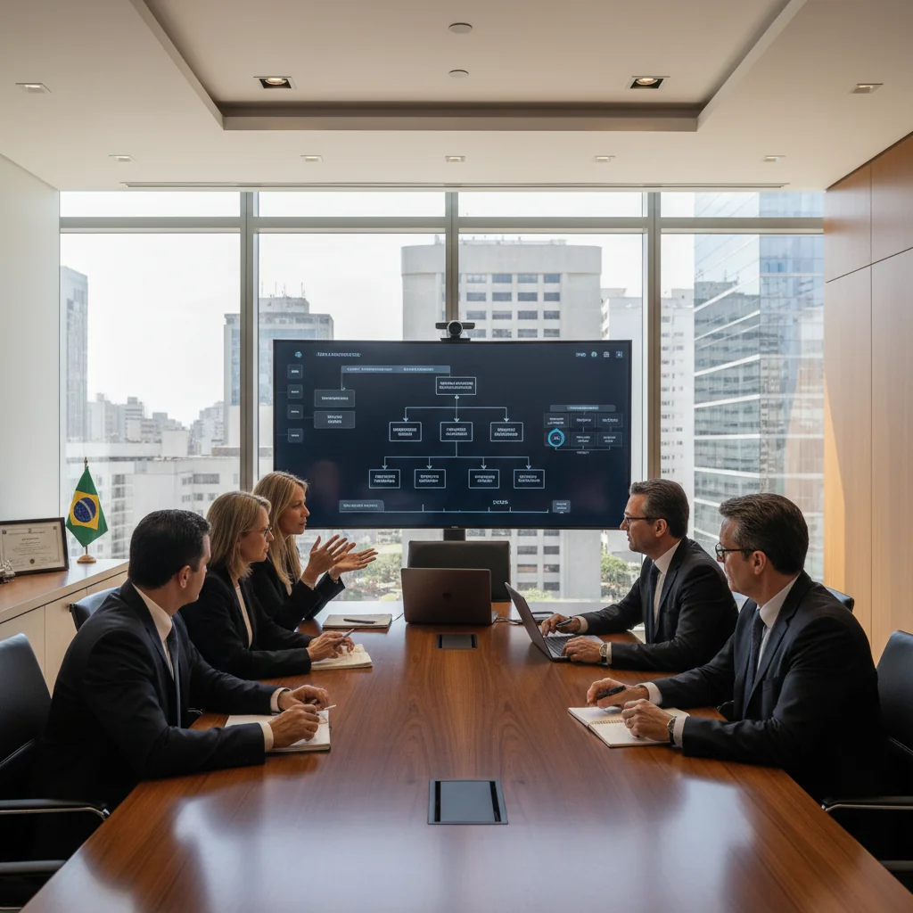 A photorealistic image of a professional Brazilian business meeting in a modern corporate office in São Paulo, with diverse adult executives discussing data management strategies around a conference table, symbolizing data retention policies and record keeping in Brazilian corporations. No children are present.