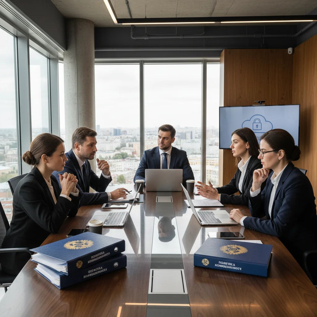 A photorealistic image of a professional business meeting in a modern Russian corporate office, with adults discussing data management strategies around a conference table with laptops and folders, symbolizing data storage and document management policies, no children present.