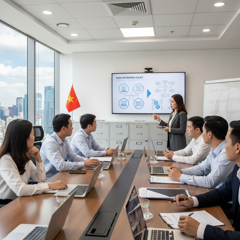 A photorealistic image of a professional business meeting in a modern Vietnamese office, where executives are discussing data storage and document management policies, with laptops and filing cabinets in the background, conveying organization and compliance in a corporate setting. No children are present.