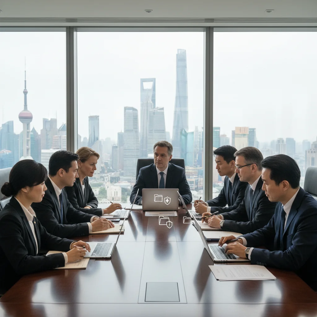 A photorealistic image of a professional business meeting in a modern Chinese corporate office, where adults are discussing data retention policies around a conference table with laptops and documents, symbolizing organized record management and compliance in China, no children present.
