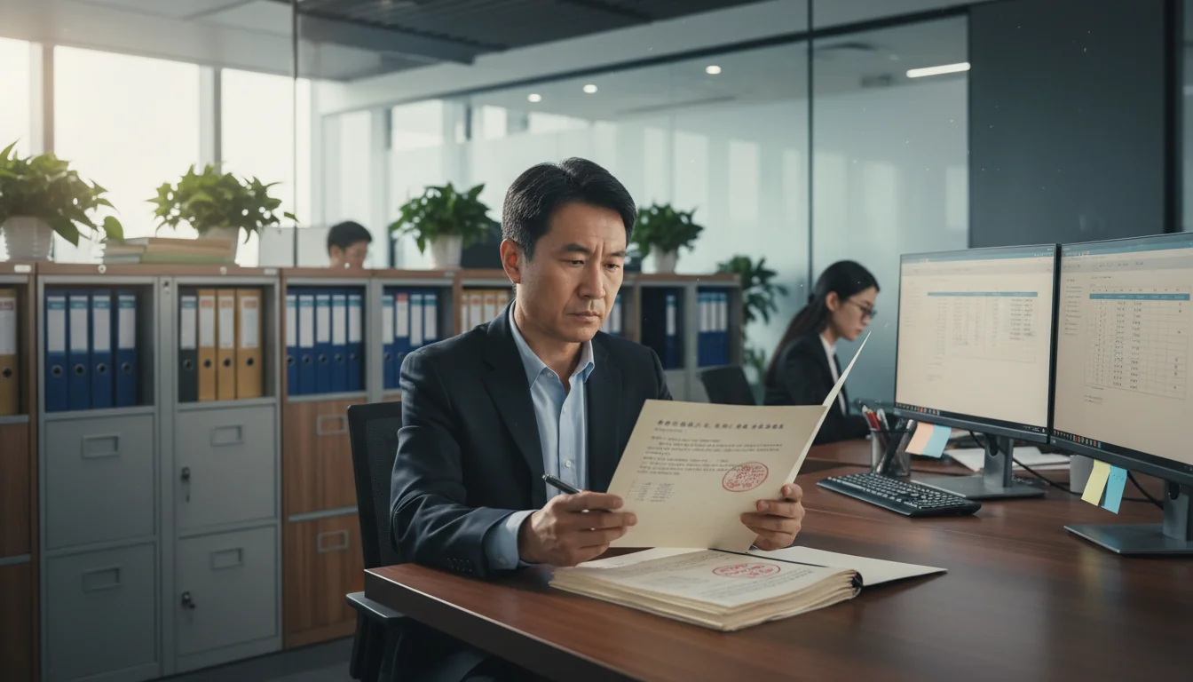 Professional reviewing corporate documents