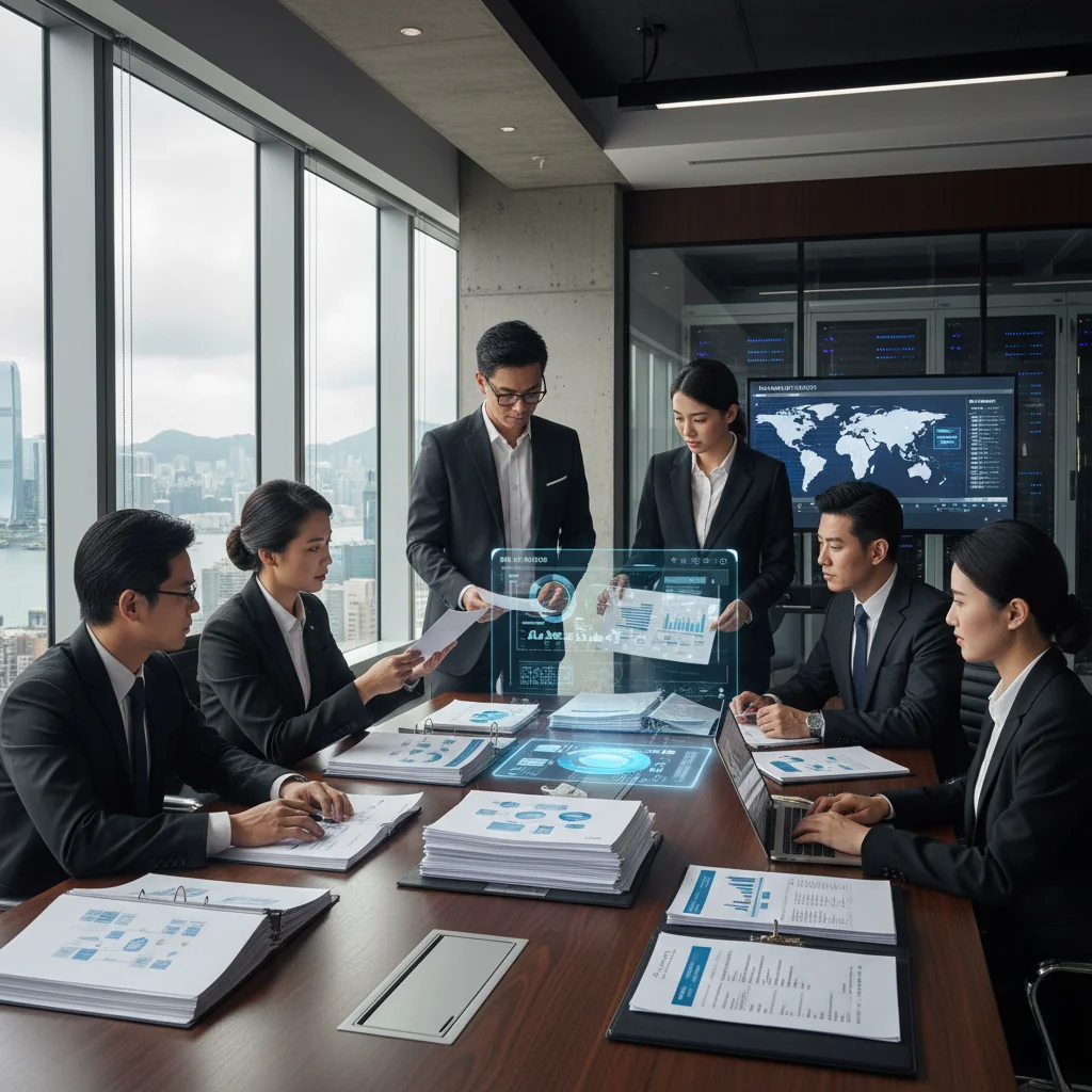A photorealistic image of a professional business meeting in a modern Hong Kong office, with diverse adult executives reviewing organized file folders and digital records on a conference table, symbolizing data retention and records management policies, no children present.