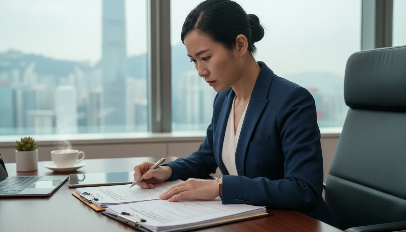 Businesswoman reviewing legal documents