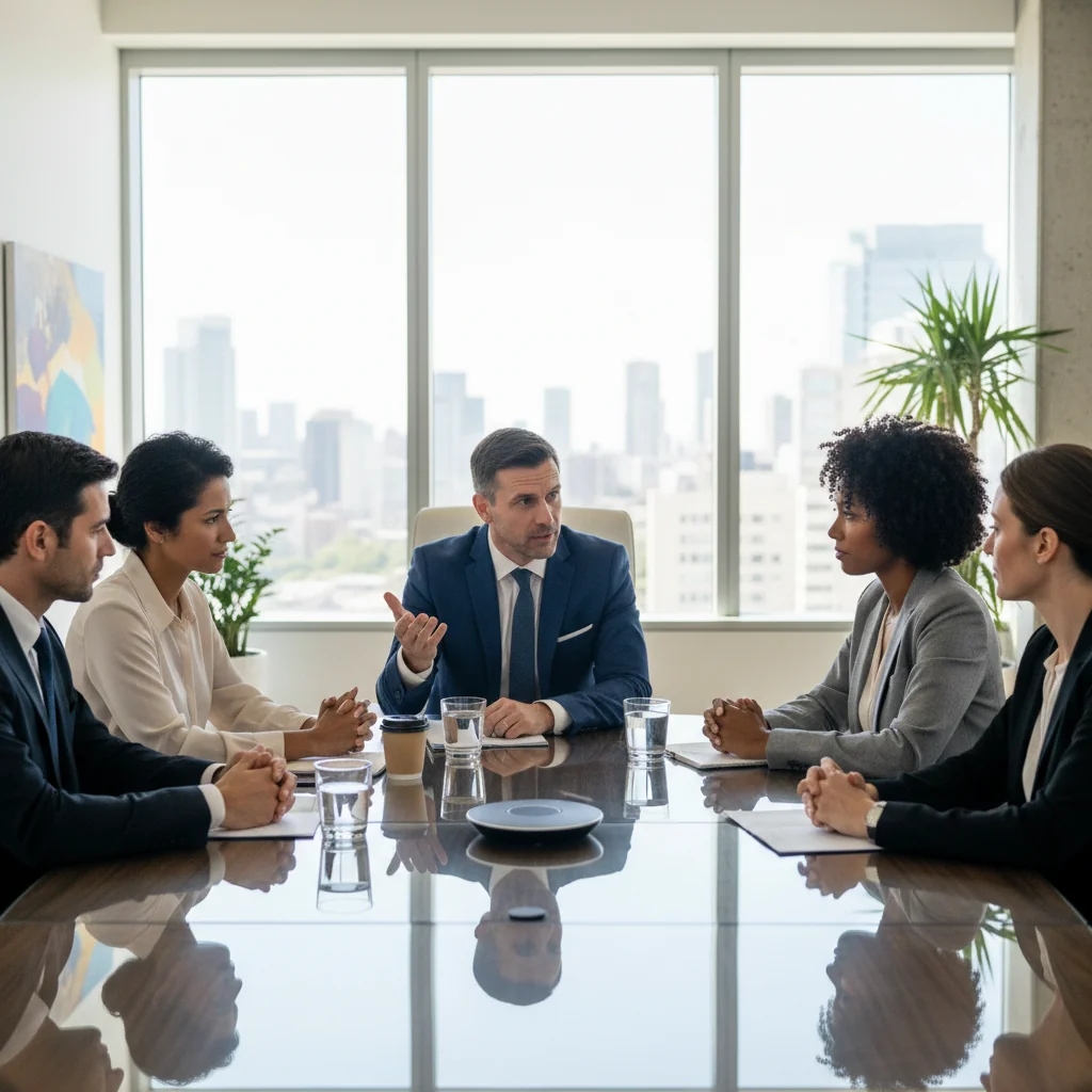 A photorealistic image depicting a diverse group of adult professionals in a modern corporate office, engaged in a confidential discussion about reporting a workplace issue, symbolizing the benefits of a whistleblower system for companies. The scene shows attentive listening and trust-building gestures among colleagues, with no documents visible, emphasizing ethical corporate culture and protection for reporters.