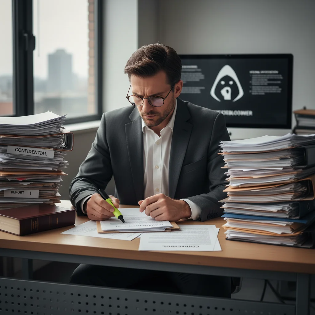 A photorealistic image of a determined adult professional sitting at a desk in an office, reviewing important documents with a serious expression, symbolizing the process of reporting irregularities through official requirements.
