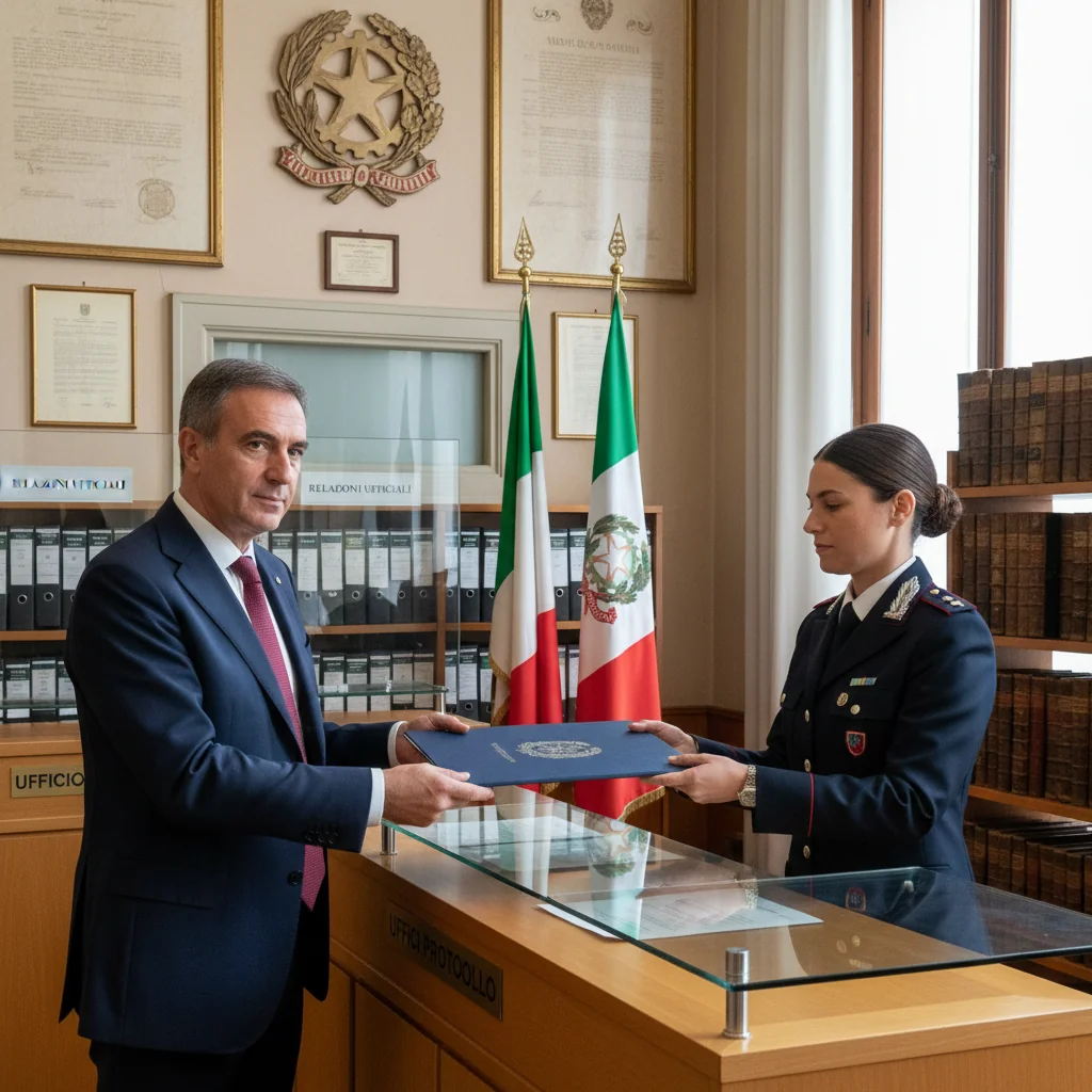 A professional Italian office setting with an adult employee confidently submitting a formal report or complaint document to a government authority representative at a public service desk, symbolizing the reporting procedure in Italy, photorealistic style, no children present.