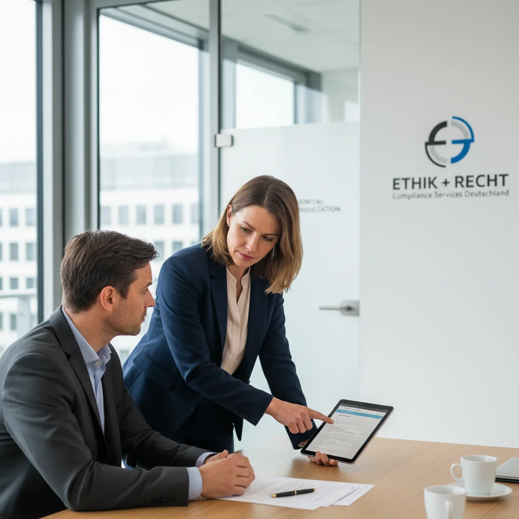 A photorealistic image depicting a professional office environment where an adult whistleblower is confidently discussing concerns with a trusted colleague or compliance officer, symbolizing the safe reporting of legal violations in a German corporate setting, with elements like a modern conference room, no children present.