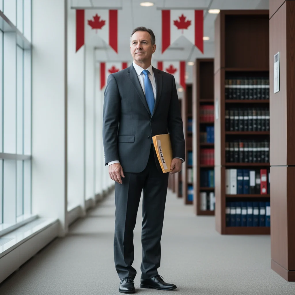 A photorealistic image of a determined adult professional whistleblower standing confidently in a modern office environment, holding a document symbolically representing reporting wrongdoing, with elements like a gavel or scales of justice in the background to evoke Canadian legal themes, no children present, emphasizing empowerment and integrity in a corporate setting.