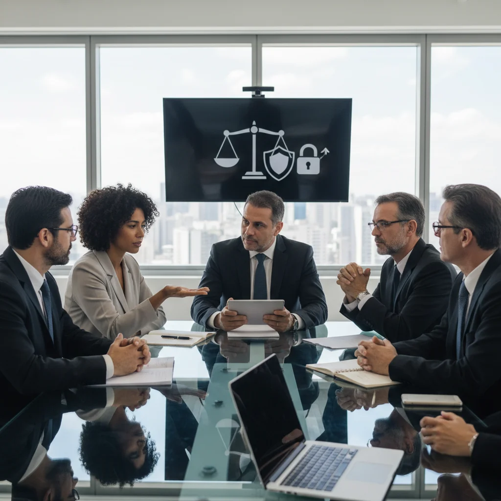 A photorealistic image depicting a professional business meeting in a modern Brazilian office, where diverse adult employees are discussing compliance and ethical practices, symbolizing the benefits of a whistleblower channel for legal conformity in Brazil. The scene shows adults only, no children, with elements like a whiteboard with abstract icons of justice and transparency, conveying trust and integrity without focusing on documents.