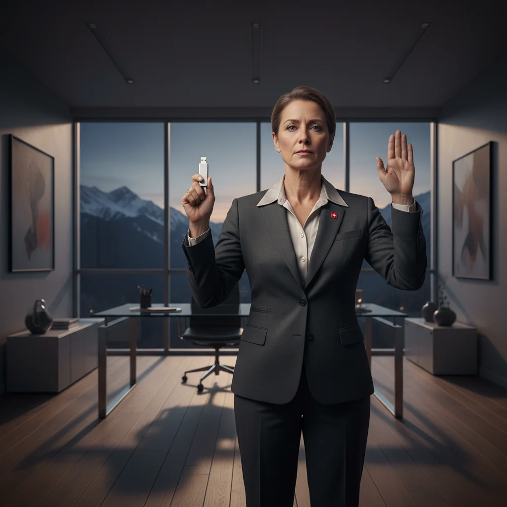 A photorealistic image of a determined adult whistleblower in a professional setting, standing in a dimly lit office at night, holding a USB drive symbolizing evidence, with a subtle background of a Swiss flag or Alps to represent Switzerland, conveying a sense of courage and anonymity in reporting wrongdoing.