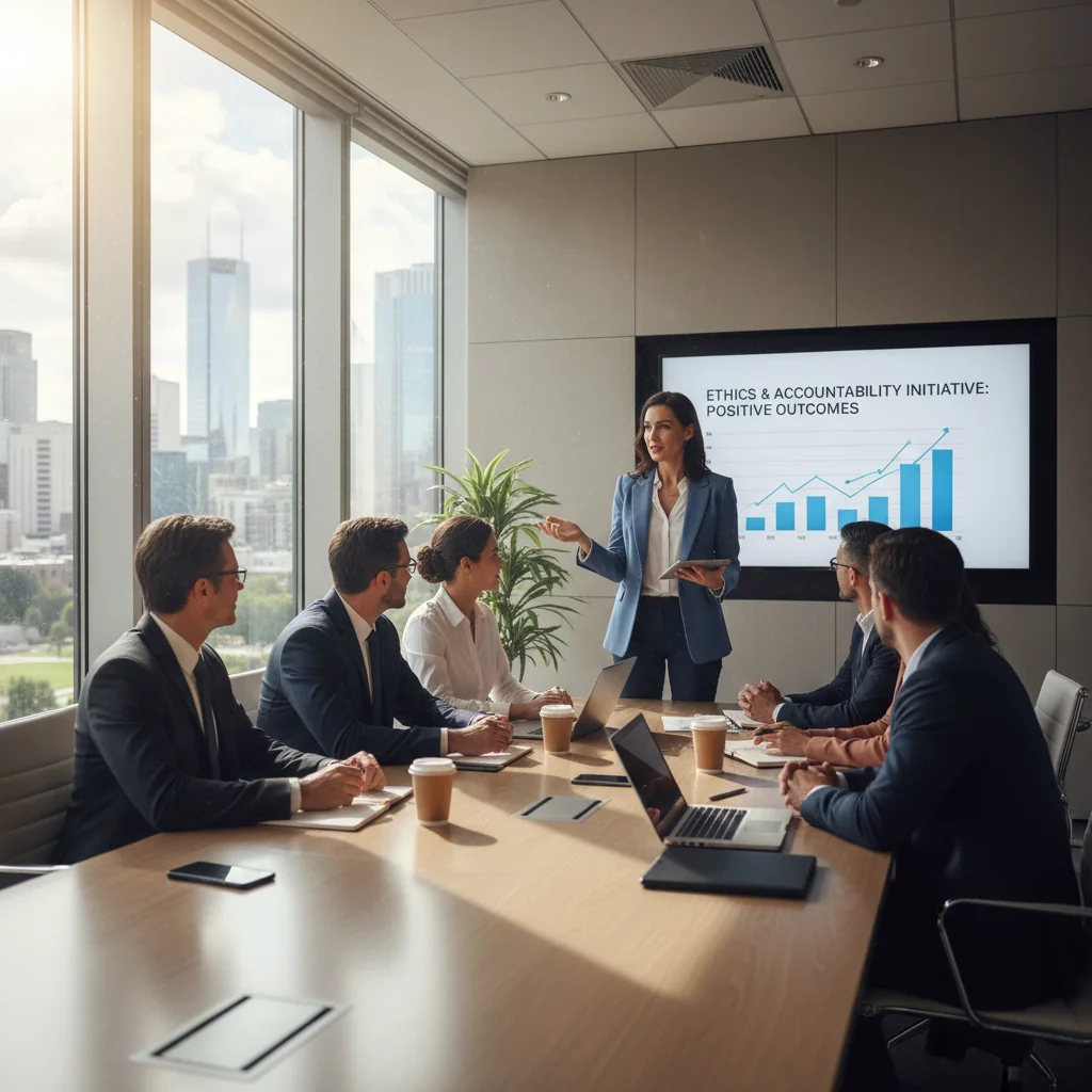 A photorealistic image depicting a professional business meeting where a confident adult whistleblower is discussing ethical concerns with colleagues in a modern office setting, symbolizing successful reporting of violations and positive outcomes, with no children present.