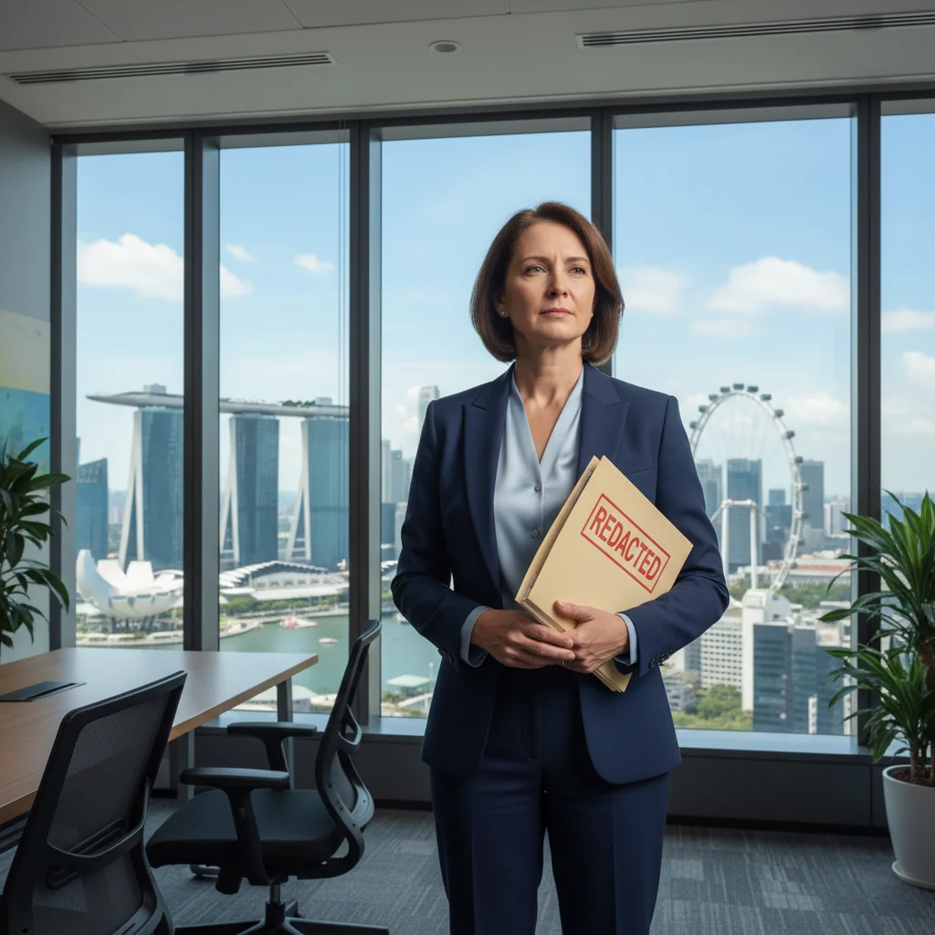 A photorealistic image of a determined adult professional whistleblower in a modern Singapore office environment, standing confidently while holding a confidential folder, symbolizing the act of reporting unethical practices effectively, with elements of Singapore's skyline in the background to localize the scene.