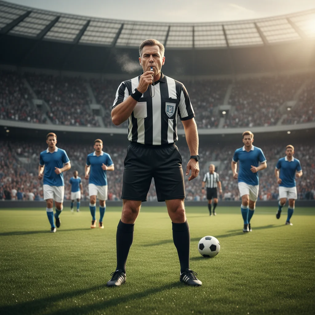 A photorealistic image of an adult referee in a sports stadium, passionately blowing a whistle during an intense soccer match, with players in action in the background, symbolizing the correct technique and avoiding common mistakes in whistling.
