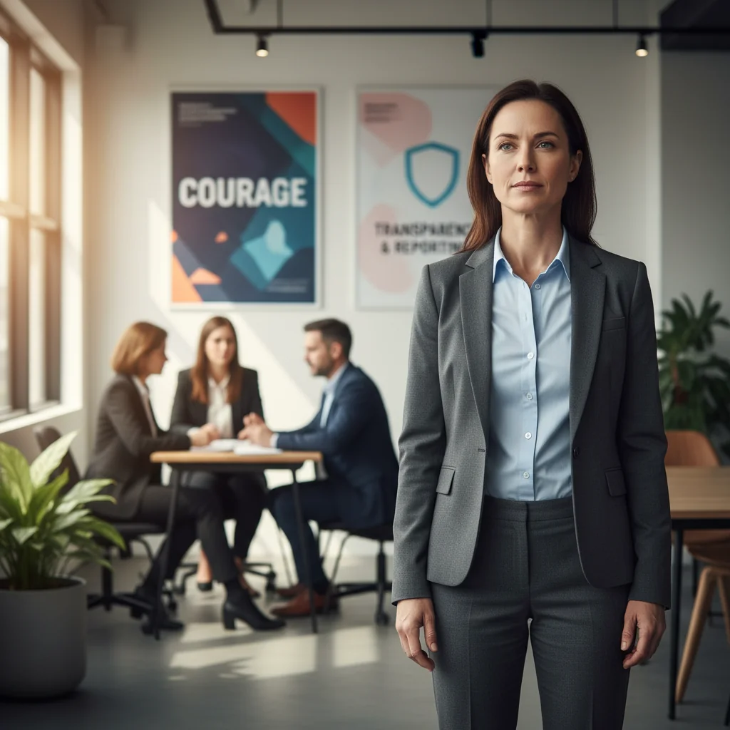 A photorealistic image of a determined adult professional, dressed in business attire, standing confidently in a modern office environment with a subtle background hinting at corporate ethics or integrity, symbolizing the act of whistleblowing by taking a stand against wrongdoing. No children are present in the image.