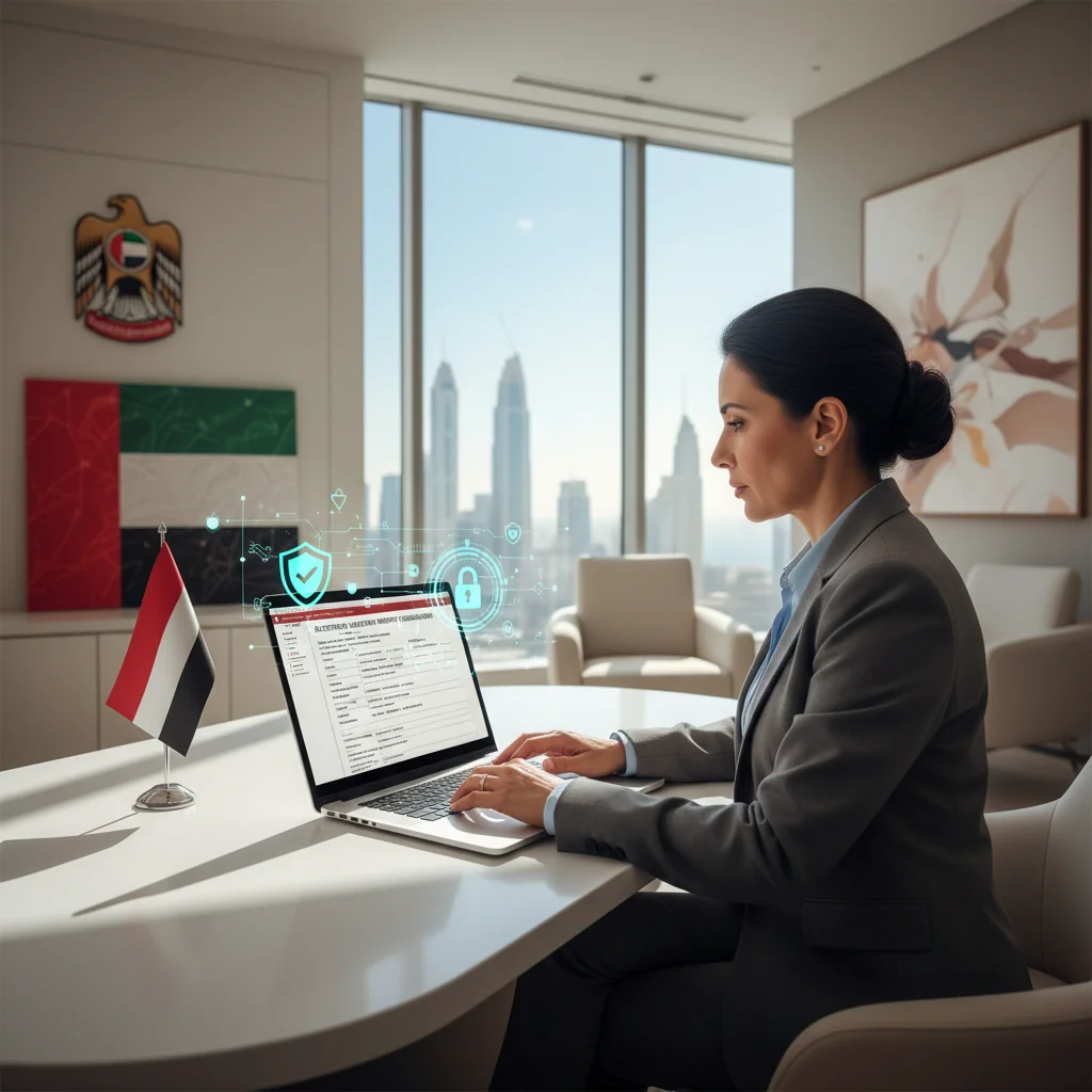 A photorealistic image depicting a professional adult in a modern UAE office setting, using a computer to report an online violation, symbolizing secure digital reporting procedures in the Emirates, with no children present.