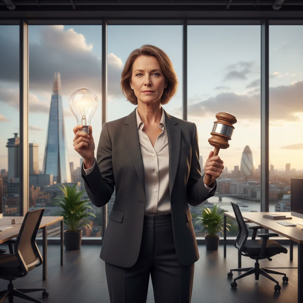 A photorealistic image of a determined adult professional in a modern office setting, standing confidently at a window overlooking a city skyline, symbolizing courage and integrity in reporting workplace issues under UK law. No children are present. The focus is on the individual's thoughtful expression, conveying empowerment and justice.