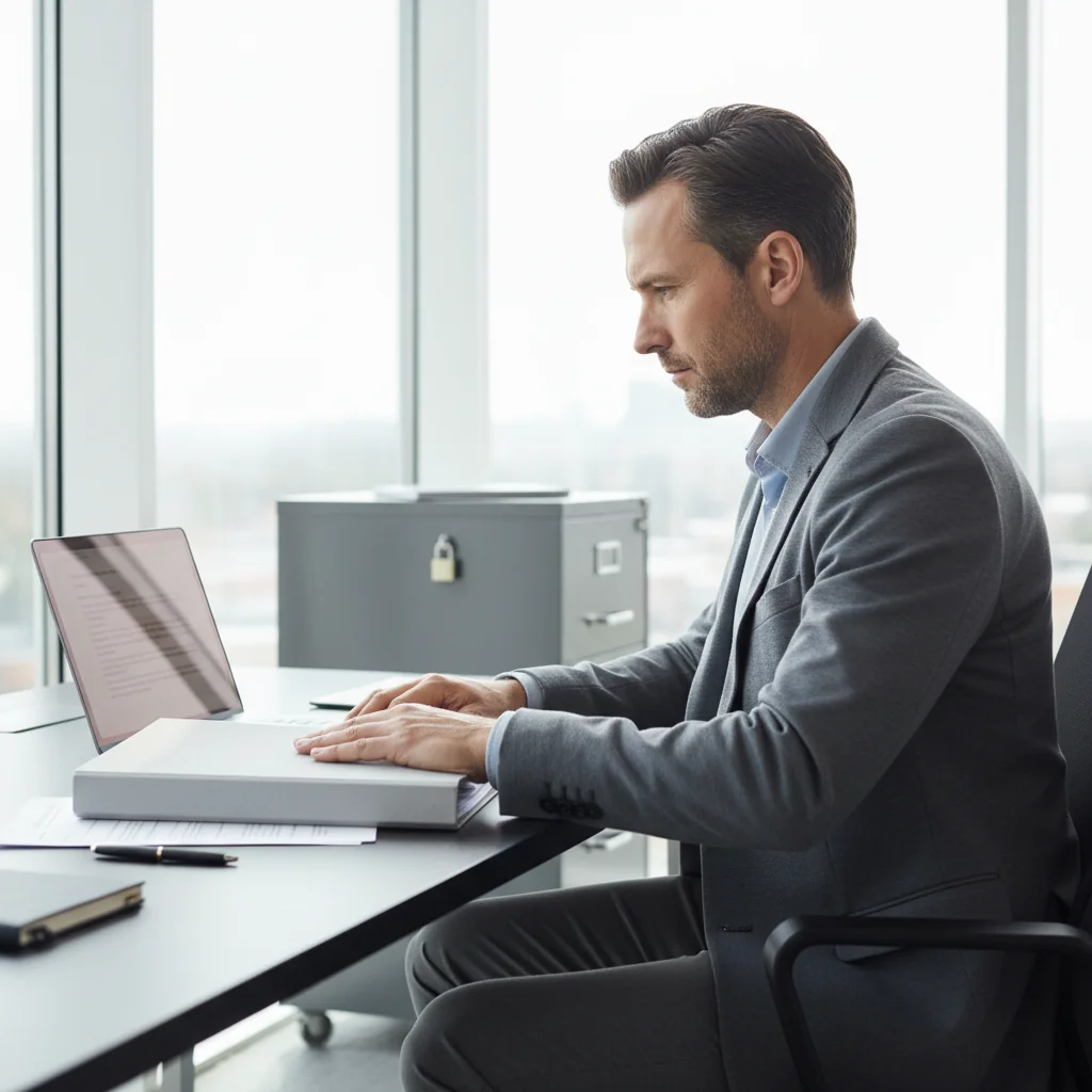 A photorealistic image depicting a professional adult whistleblower in a modern office environment, looking confidently at a laptop screen while holding a document, symbolizing protection and rights in a reporting procedure. The scene conveys security, trust, and empowerment without showing any corporate documents directly.