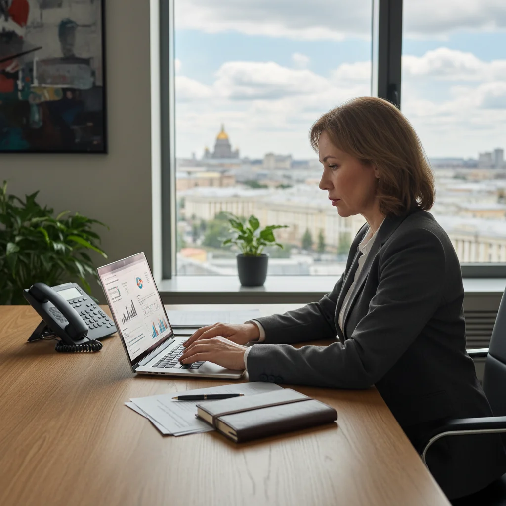 A photorealistic image of a determined adult professional in a modern office setting in Russia, reviewing confidential documents on a computer while holding a whistleblower hotline phone, symbolizing the process of reporting violations securely and step-by-step. The scene conveys integrity, caution, and professionalism, with subtle Russian elements like a flag or Moscow skyline in the background. No children are present in the image.