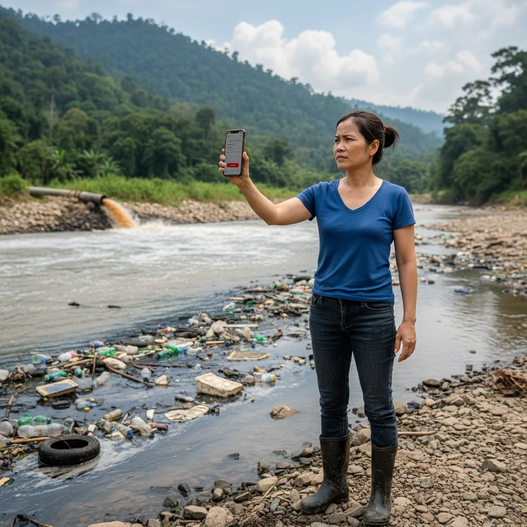 A photorealistic image depicting an adult Vietnamese citizen confidently reporting an environmental violation, such as pollution in a river or illegal waste dumping, to authorities in a modern office or via a hotline, symbolizing the benefits and precautions of whistleblowing on environmental issues in Vietnam. The scene should convey empowerment, environmental protection, and legal awareness, with no children present.
