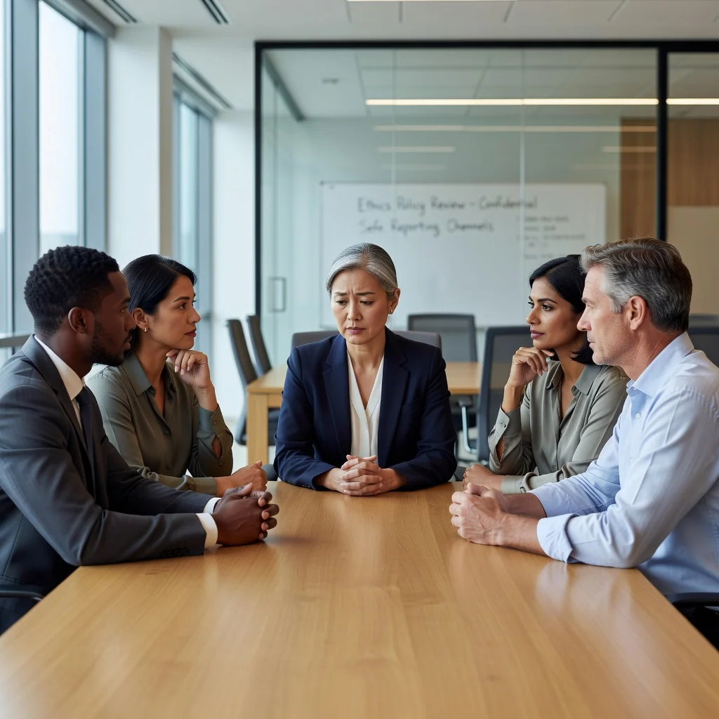 A photorealistic image depicting a diverse group of professional adults in a modern office setting, engaging in a confidential discussion about workplace ethics, with one person gesturing supportively, symbolizing trust and open communication in a whistleblower reporting channel, no children present.