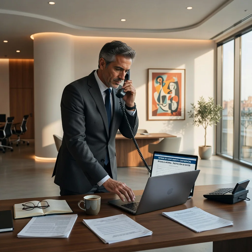 A photorealistic image depicting a professional setting in Spain where an employee is confidentially reporting an issue, symbolizing a whistleblower channel. Show an adult professional in a modern office environment, perhaps speaking discreetly into a phone or using a secure online portal on a computer, with subtle Spanish elements like a flag or architecture in the background. The atmosphere conveys trust, compliance, and protection under the law.