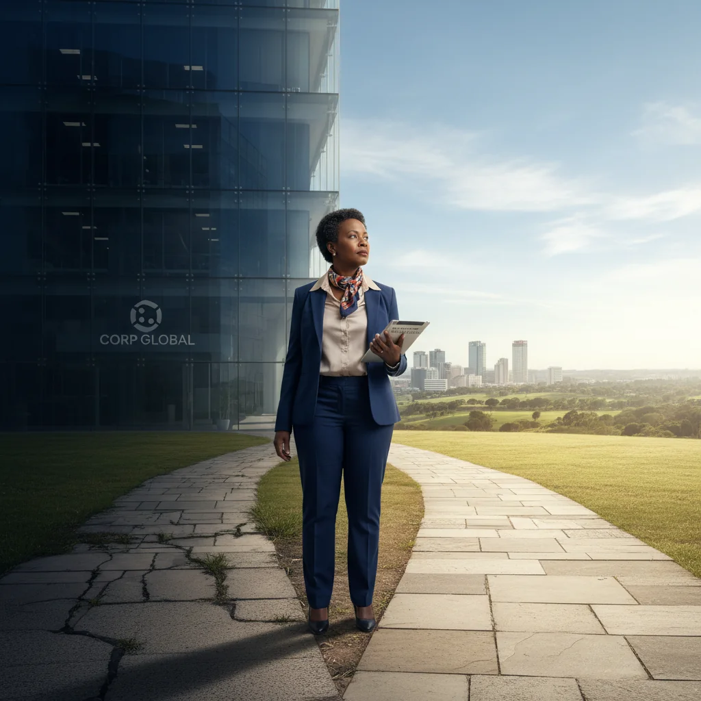 A photorealistic image depicting a professional adult whistleblower in a South African corporate setting, standing confidently at a crossroads symbolizing moral choice, with a modern office building in the background under a clear sky, emphasizing empowerment and ethical decision-making without showing any children.