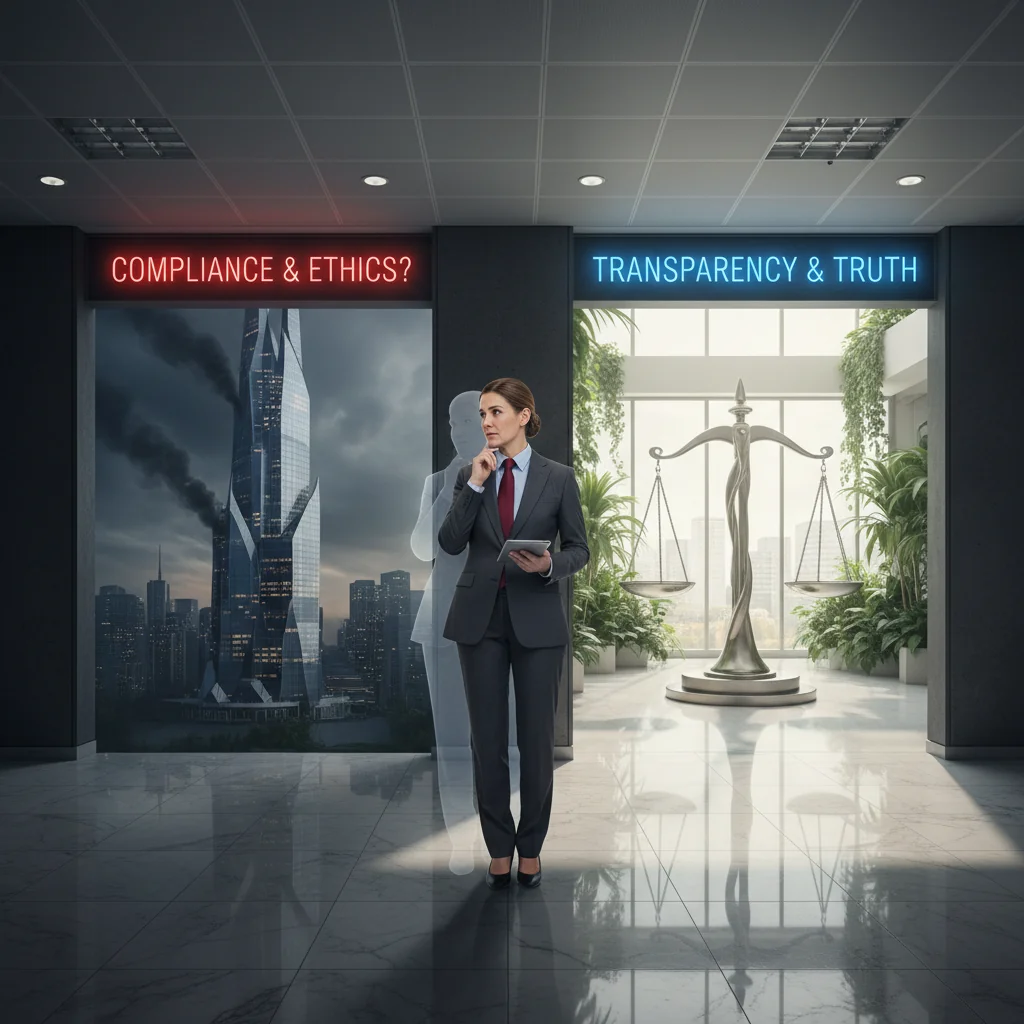 A photorealistic image depicting a professional adult employee in a modern UK office setting, standing at a crossroads symbolizing the dilemma of whistleblowing, with one path leading to a shadowy corporate building representing corruption and the other to a brighter path of integrity, conveying the impact on businesses and employees without showing any children.