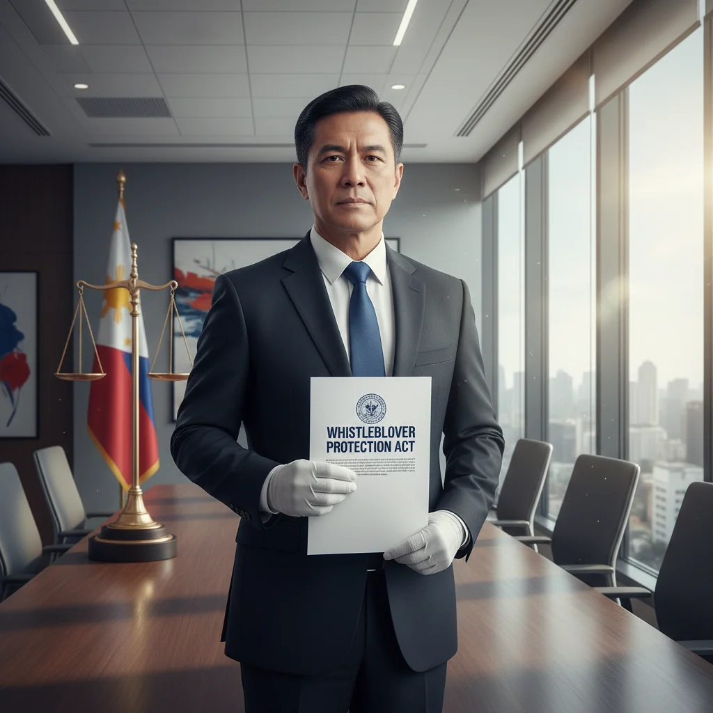 A photorealistic image of a determined adult whistleblower in a professional setting in the Philippines, standing confidently in a modern office or government building with Philippine flag elements in the background, symbolizing protection and justice for reporting wrongdoing, no children present.