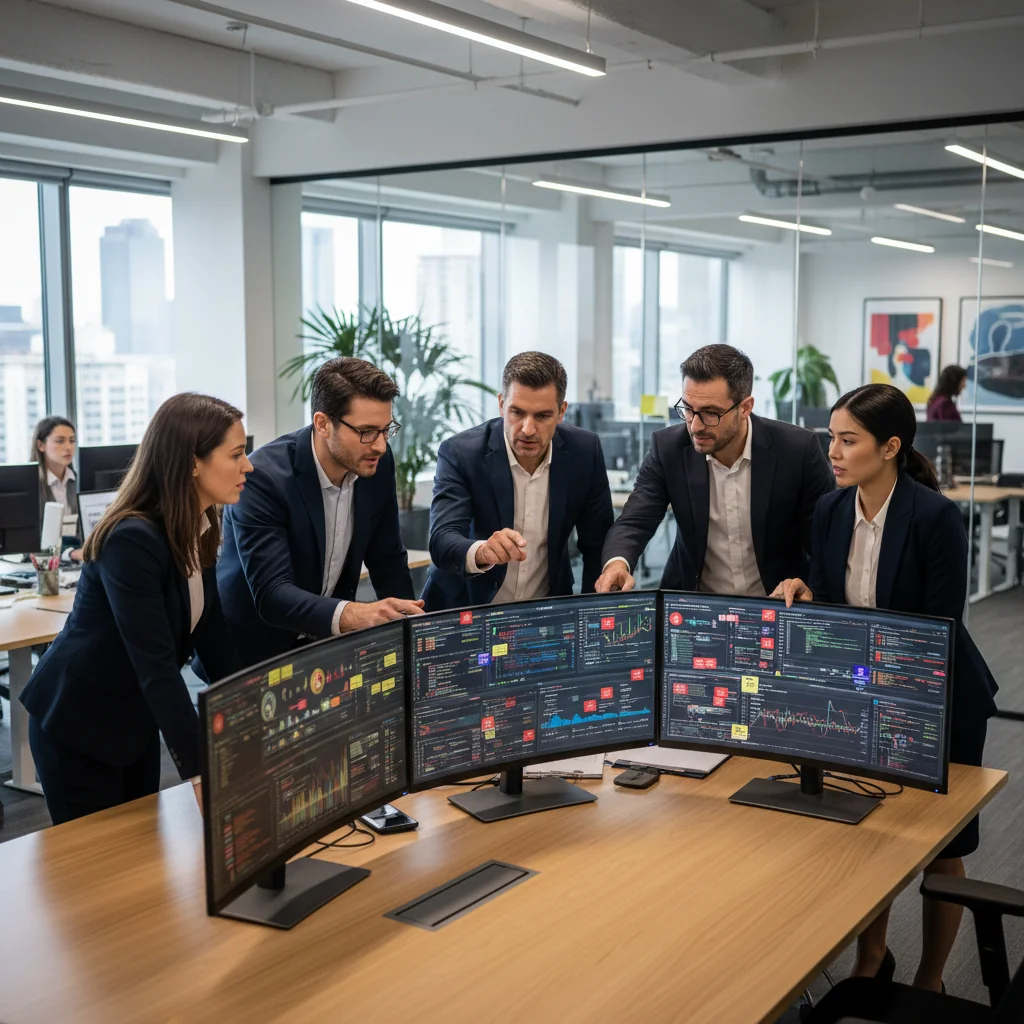 A photorealistic image of a professional business team in a modern office environment, collaboratively reviewing digital alerts and reports on large screens and tablets, symbolizing effective alert management and response in a corporate setting. The scene conveys efficiency, teamwork, and technology integration without any focus on documents or children.