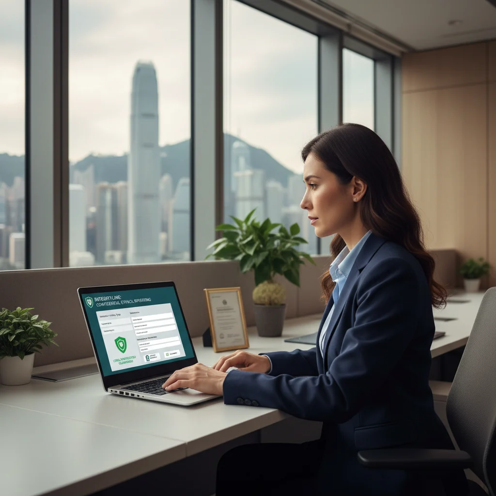 A photorealistic image depicting a professional adult in a modern Hong Kong office setting, symbolically representing the act of reporting wrongdoing through a whistleblower program. The individual is an adult Asian professional holding a document or pointing towards a secure reporting hotline symbol, with blurred city skyline of Hong Kong in the background, emphasizing protection and legal foundation. No children are present in the image.